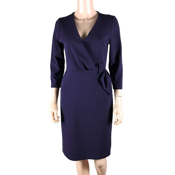 ESTELLE Indigo Structured Crepe Faux Wrap Sheath Dress SMALL - Picture 2 of 10